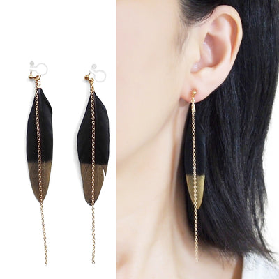 Gold painted black feather invisible clip on earrings - Miyabi Grace