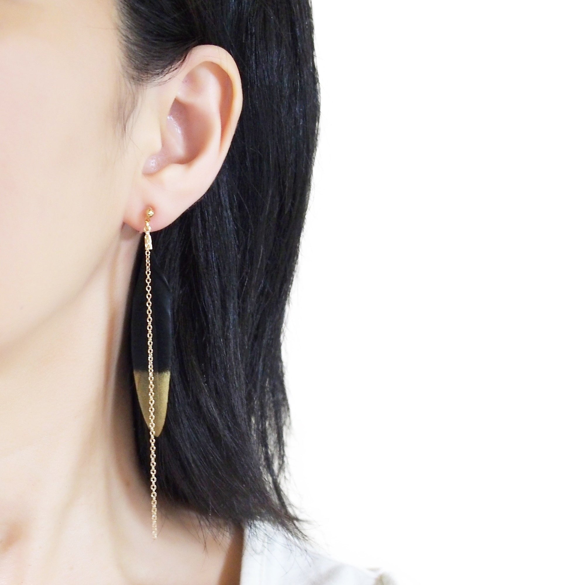 Gold painted black feather invisible clip on earrings - Miyabi Grace