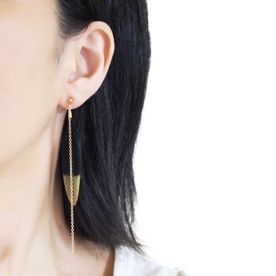 Gold painted black feather invisible clip on earrings - Miyabi Grace