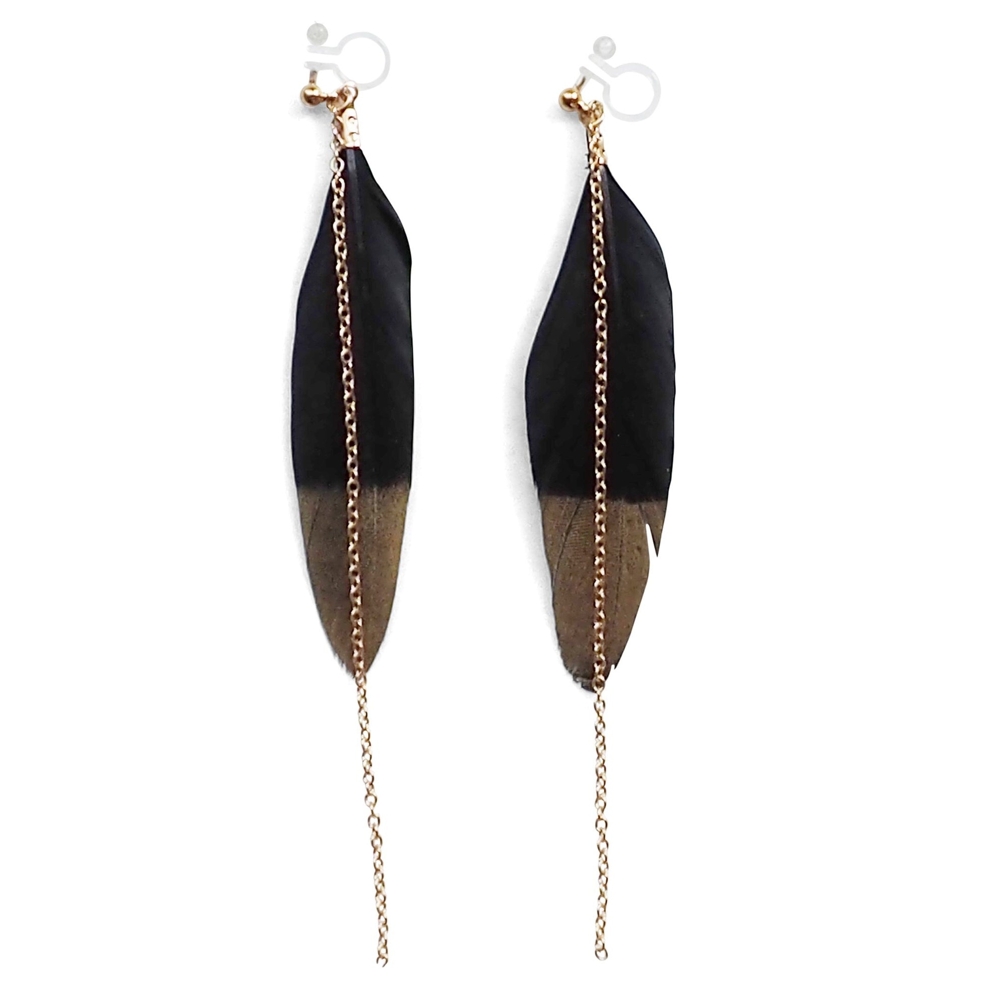 Gold painted black feather invisible clip on earrings - Miyabi Grace