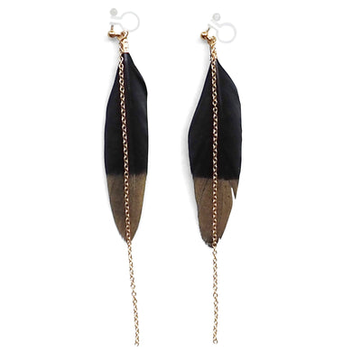 Gold painted black feather invisible clip on earrings - Miyabi Grace