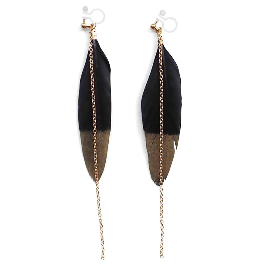 Gold painted black feather invisible clip on earrings - Miyabi Grace