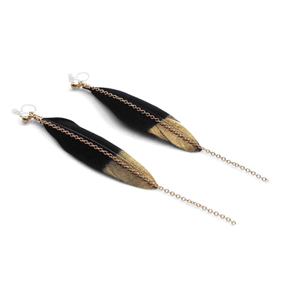 Gold painted black feather invisible clip on earrings - Miyabi Grace