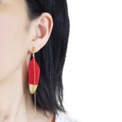 Gold painted red feather invisible clip on earrings - miyabigracejewelry.com