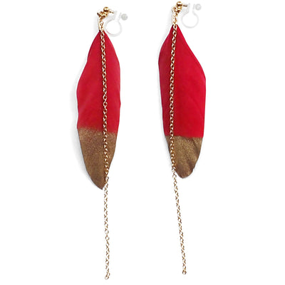 Gold painted red feather invisible clip on earrings - miyabigracejewelry.com