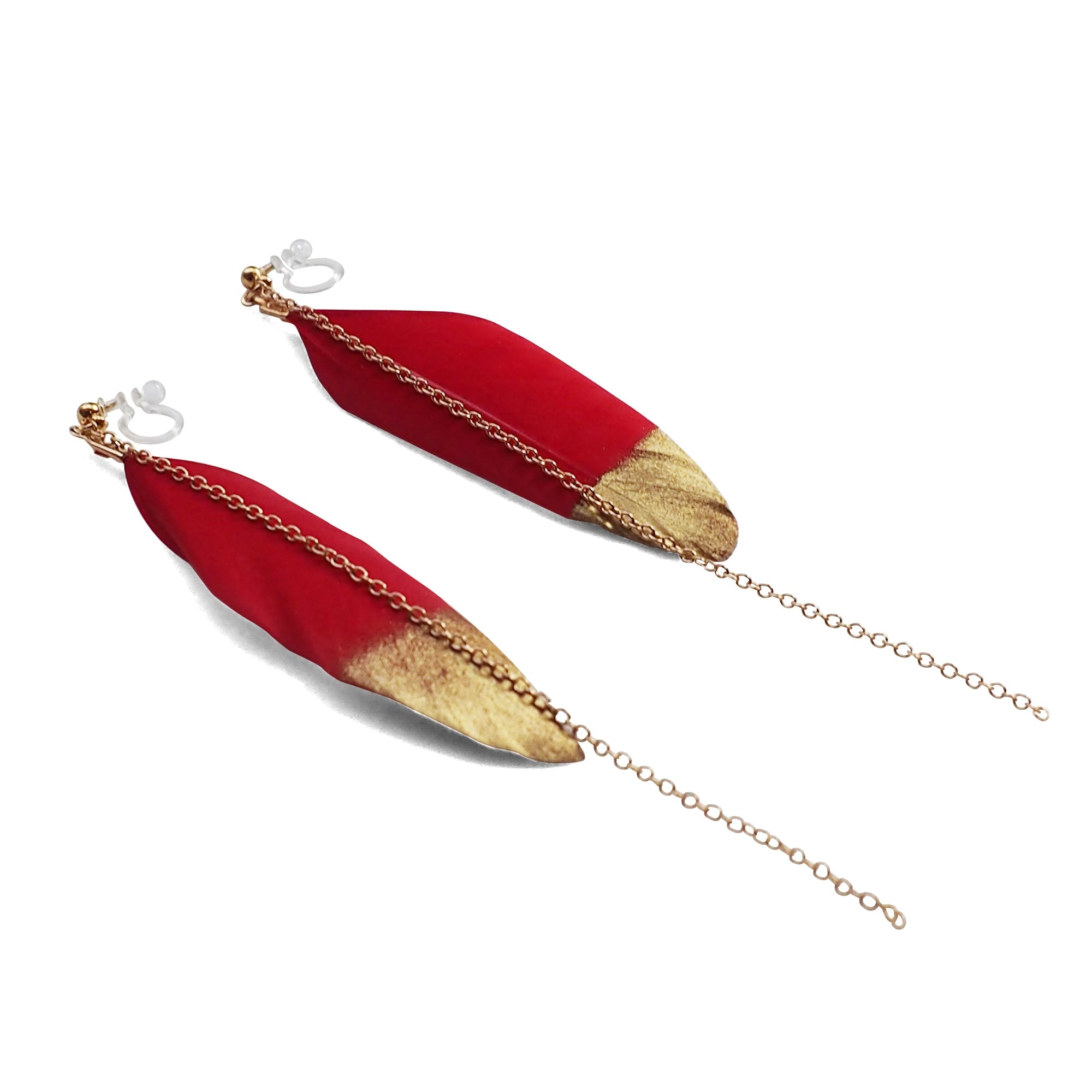 Gold painted red feather invisible clip on earrings - miyabigracejewelry.com