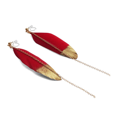 Gold painted red feather invisible clip on earrings - miyabigracejewelry.com