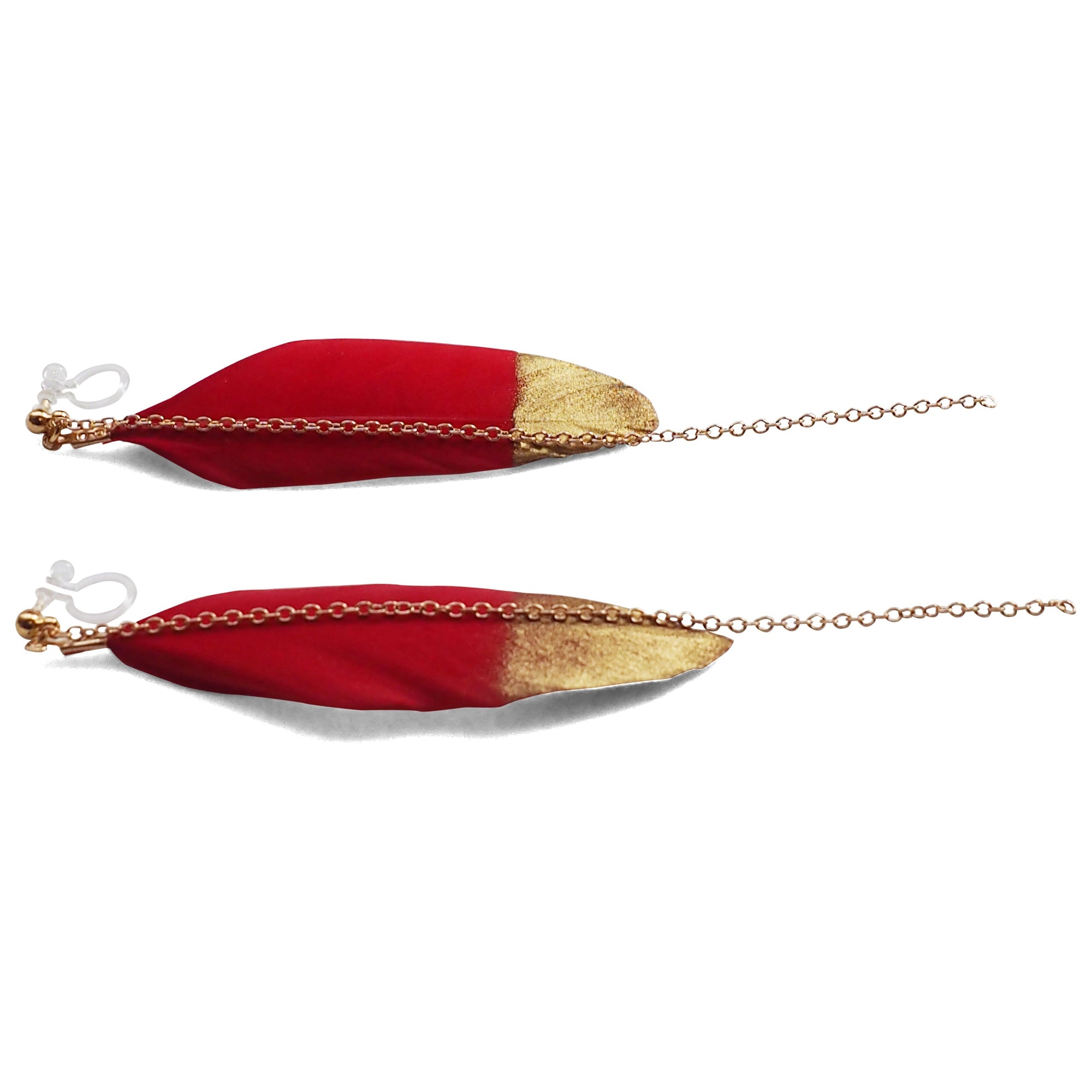 Gold painted red feather invisible clip on earrings - miyabigracejewelry.com