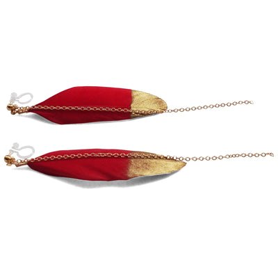 Gold painted red feather invisible clip on earrings - miyabigracejewelry.com