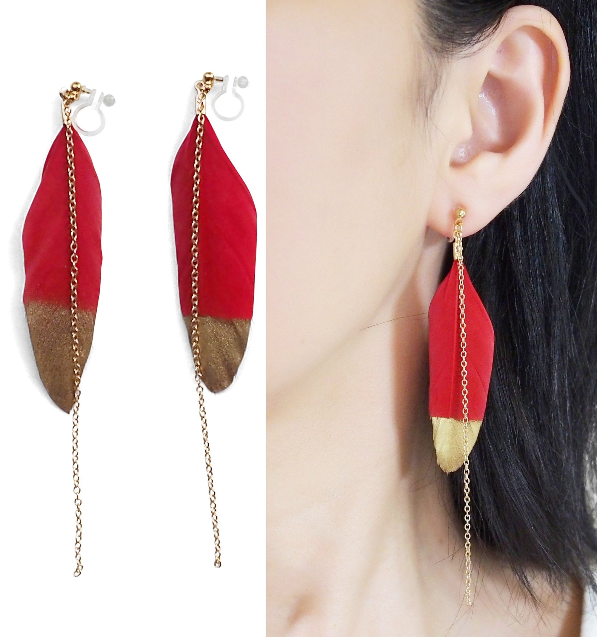 Gold painted red feather invisible clip on earrings - miyabigracejewelry.com