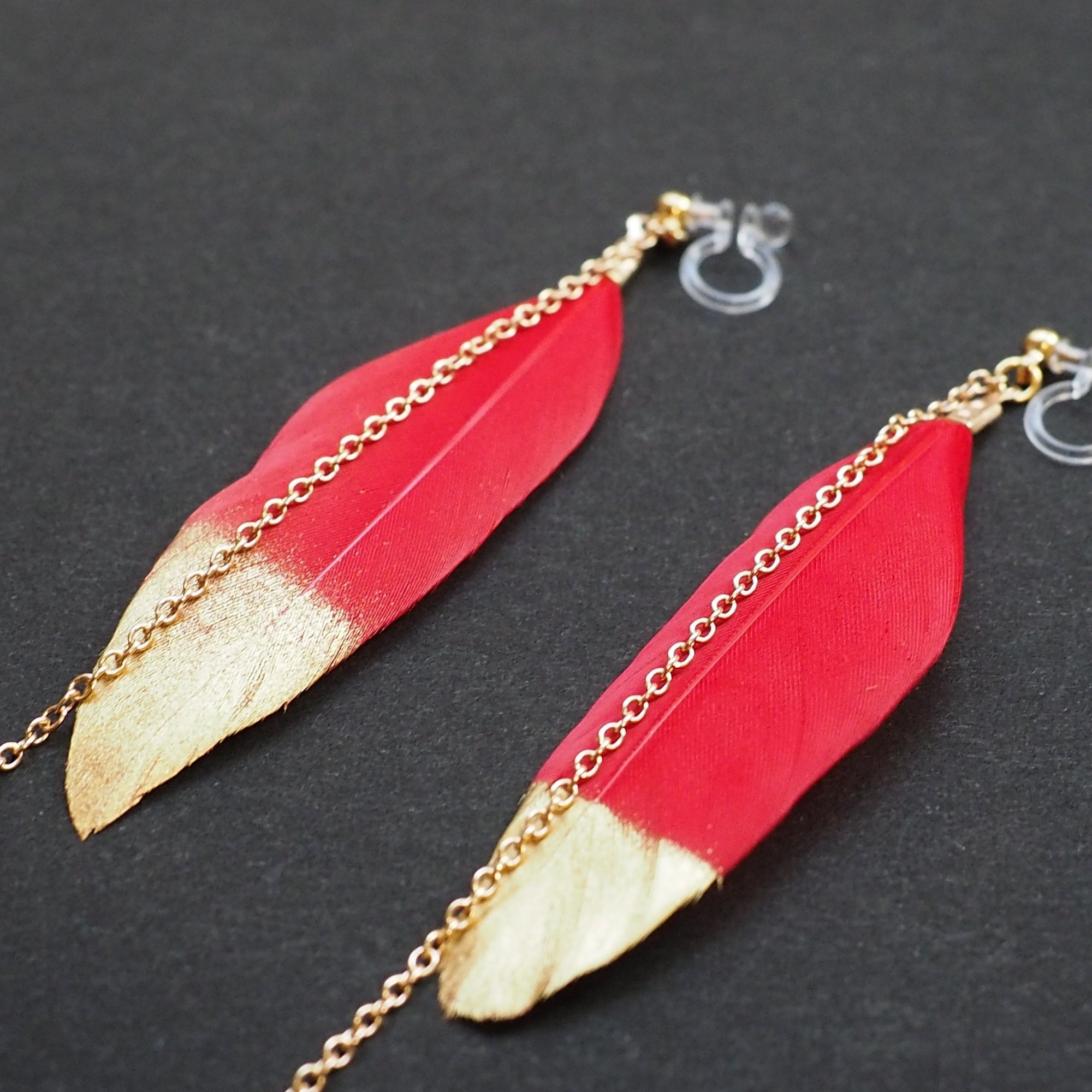 Gold painted red feather invisible clip on earrings - miyabigracejewelry.com