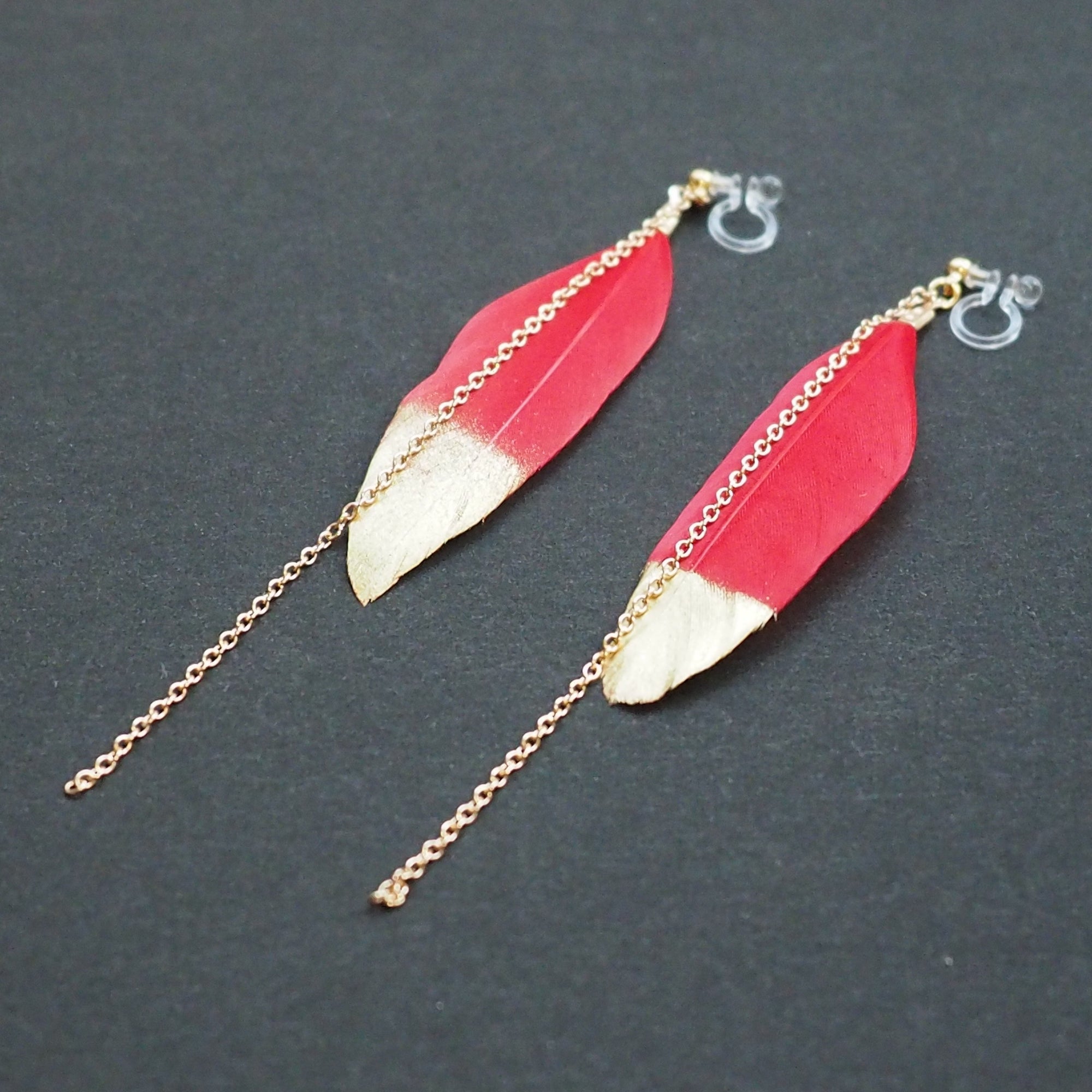 Gold painted red feather invisible clip on earrings - miyabigracejewelry.com