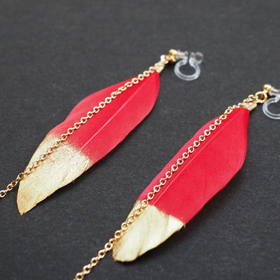 Gold painted red feather invisible clip on earrings - miyabigracejewelry.com