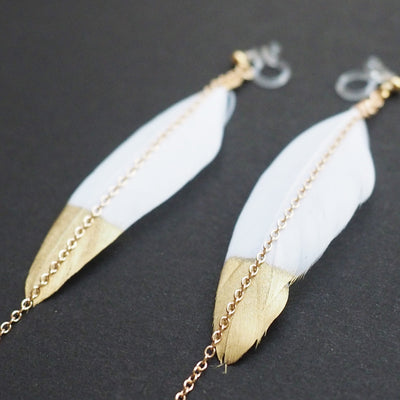 Gold painted white feather invisible clip on earrings - Miyabi Grace