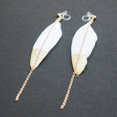 Gold painted white feather invisible clip on earrings - Miyabi Grace