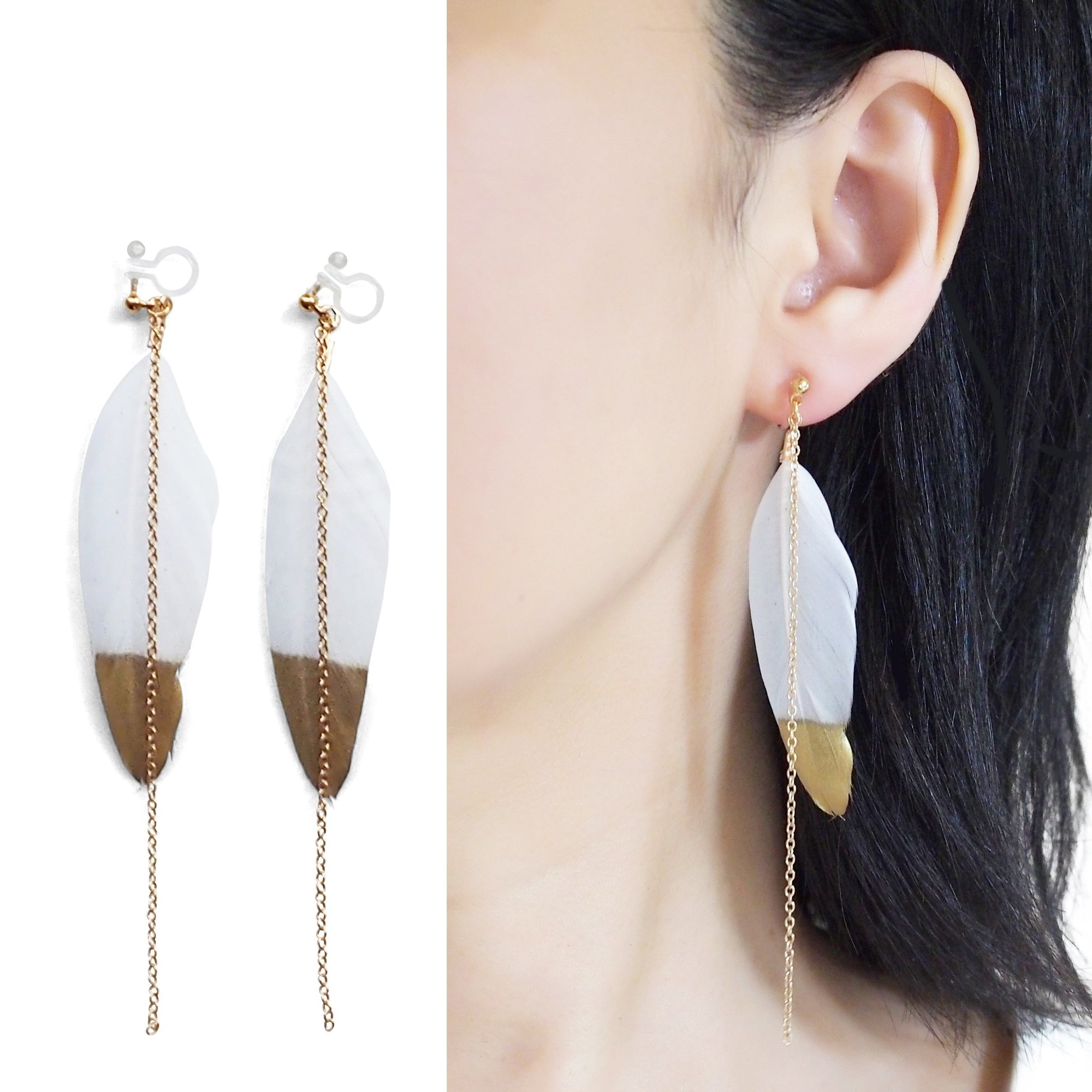 Gold painted white feather invisible clip on earrings - Miyabi Grace