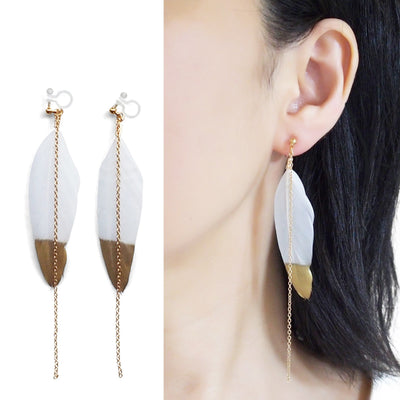 Gold painted white feather invisible clip on earrings - Miyabi Grace