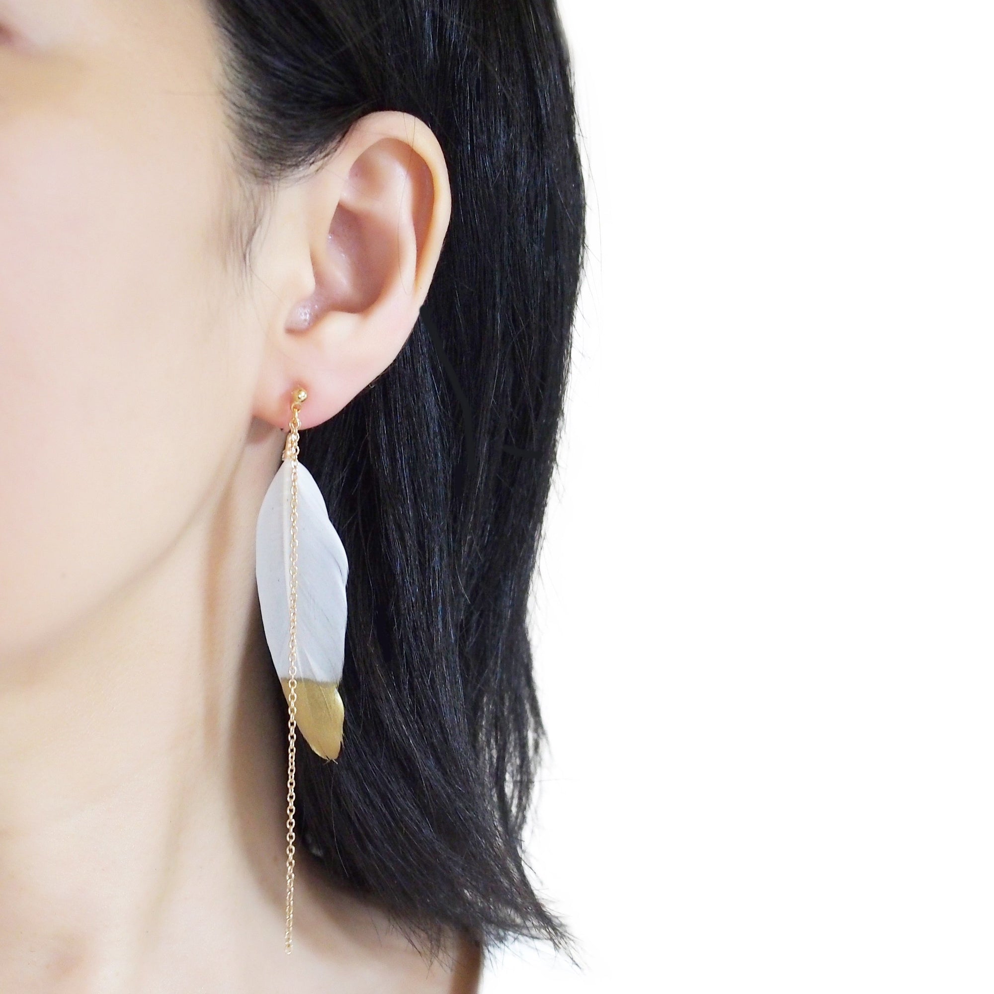 Gold painted white feather invisible clip on earrings - Miyabi Grace