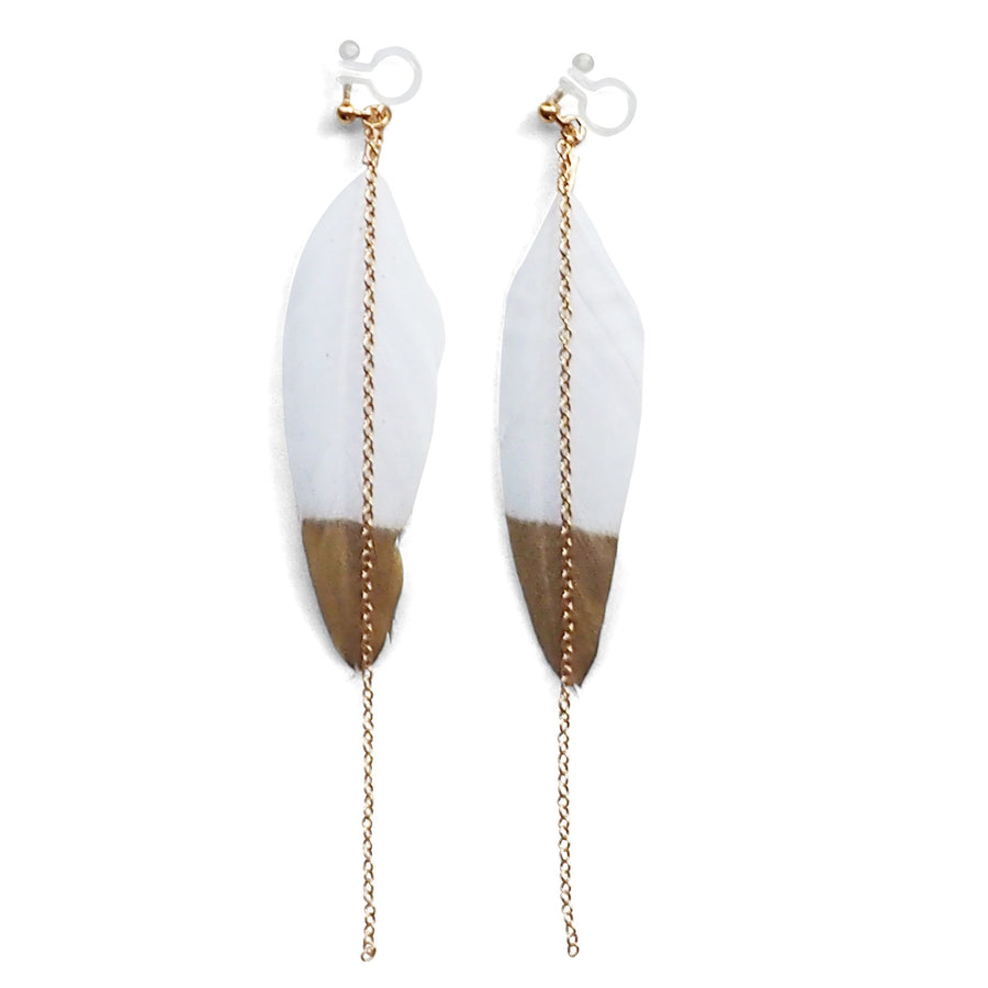 Gold painted white feather invisible clip on earrings - Miyabi Grace