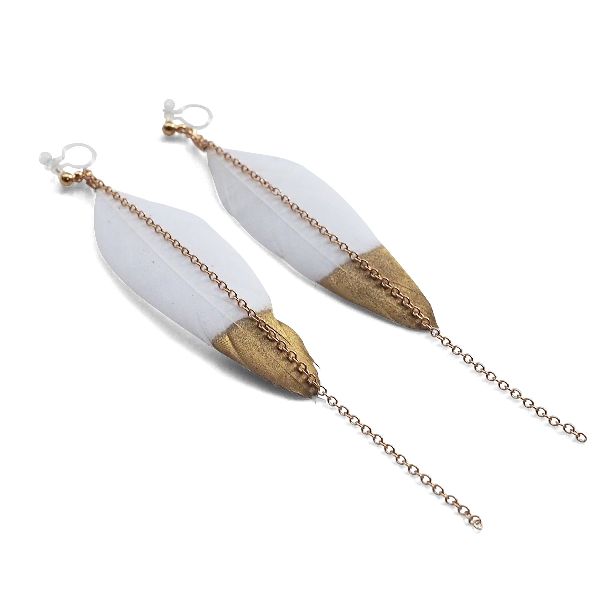 Gold painted white feather invisible clip on earrings - Miyabi Grace