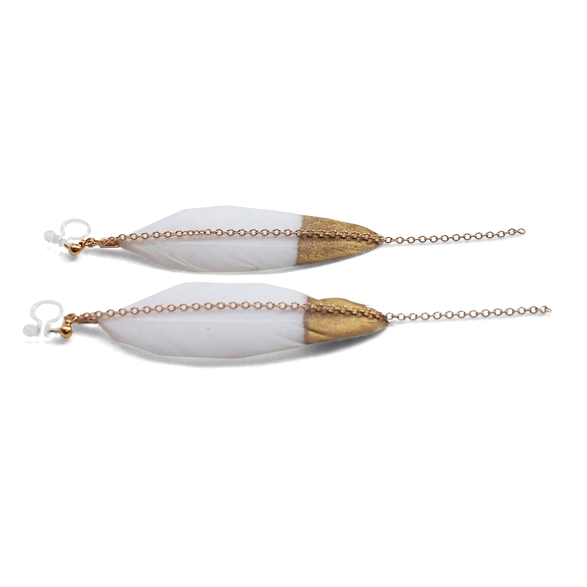 Gold painted white feather invisible clip on earrings - Miyabi Grace