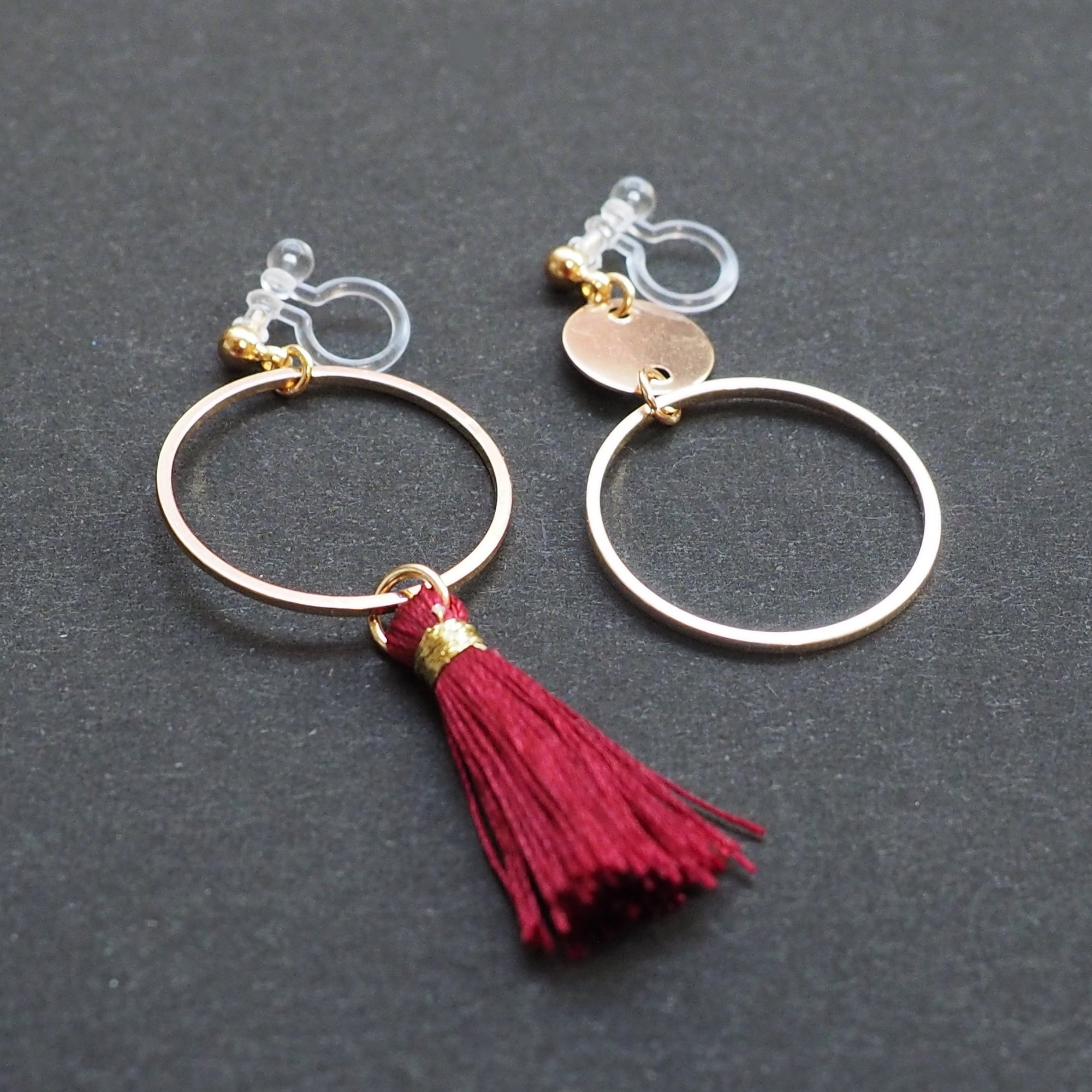 Red tassel and gold hoop invisible clip on earrings - miyabigracejewelry.com