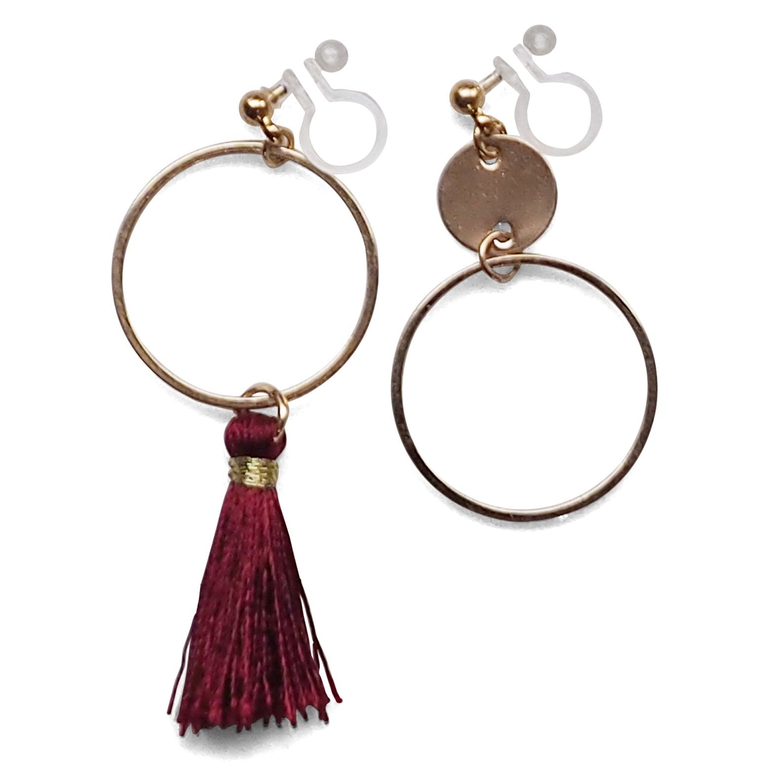 Red tassel and gold hoop invisible clip on earrings - miyabigracejewelry.com