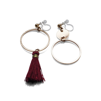 Red tassel and gold hoop invisible clip on earrings - miyabigracejewelry.com