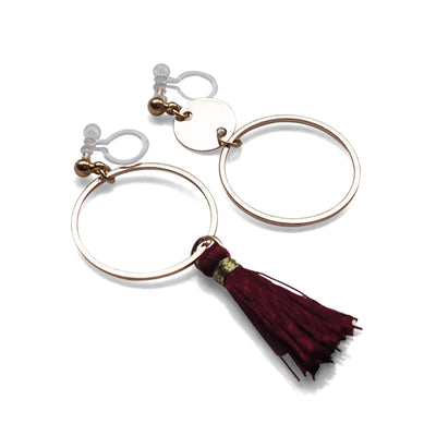 Red tassel and gold hoop invisible clip on earrings - miyabigracejewelry.com