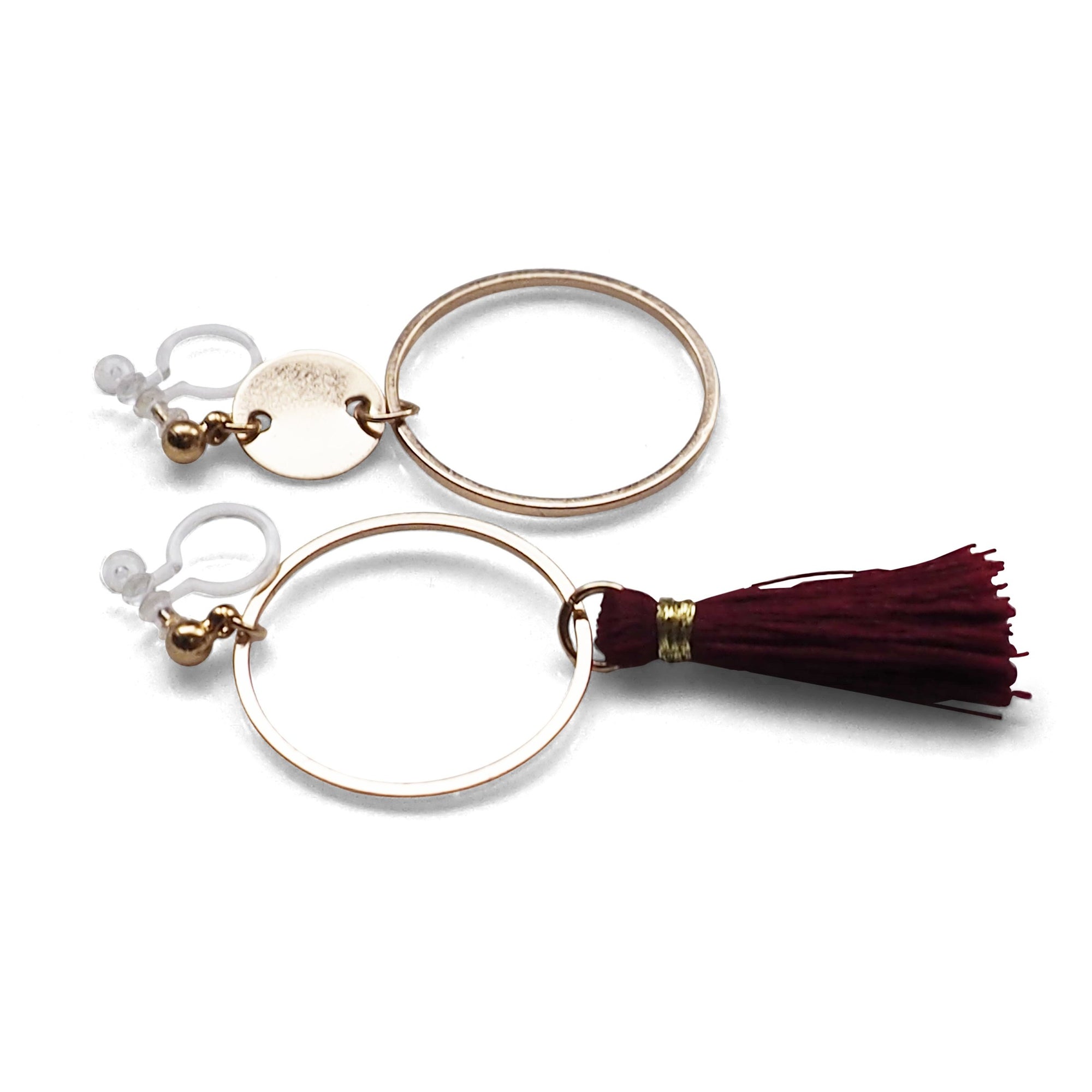 Red tassel and gold hoop invisible clip on earrings - miyabigracejewelry.com