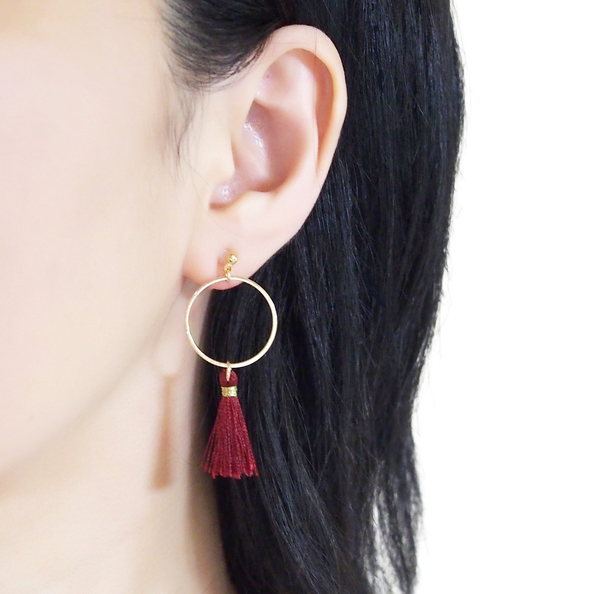Red tassel and gold hoop invisible clip on earrings - miyabigracejewelry.com