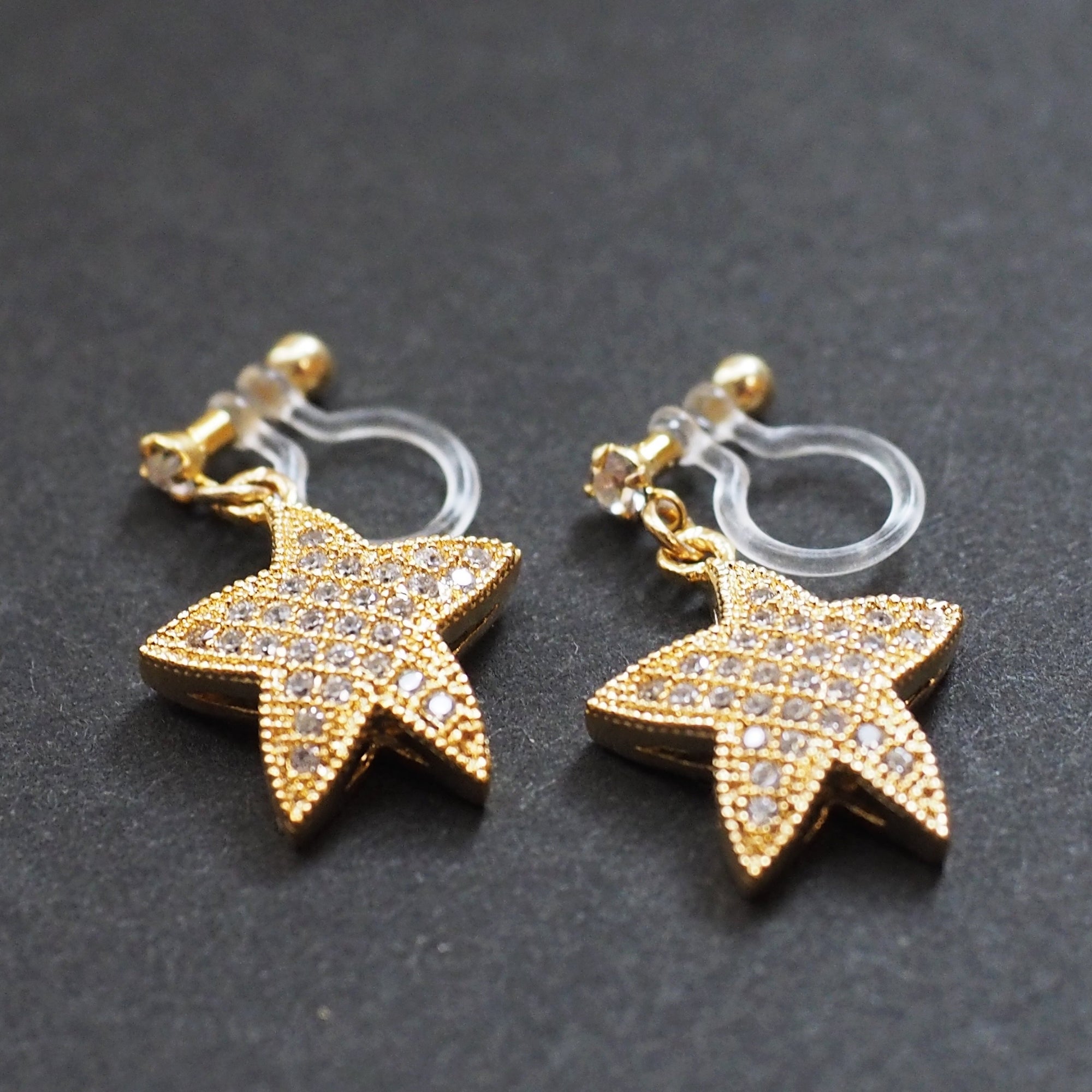 Star micro pave cubic zirconia invisible clip on earrings ( gold tone ) - miyabigracejewelry.com