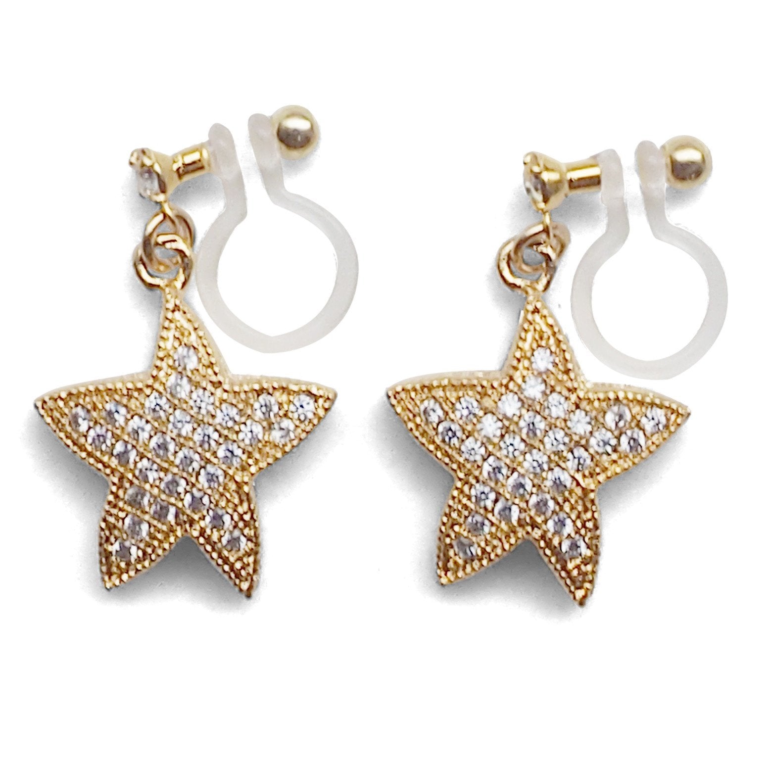 Star micro pave cubic zirconia invisible clip on earrings ( gold tone ) - miyabigracejewelry.com