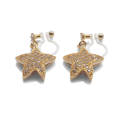 Star micro pave cubic zirconia invisible clip on earrings ( gold tone ) - miyabigracejewelry.com