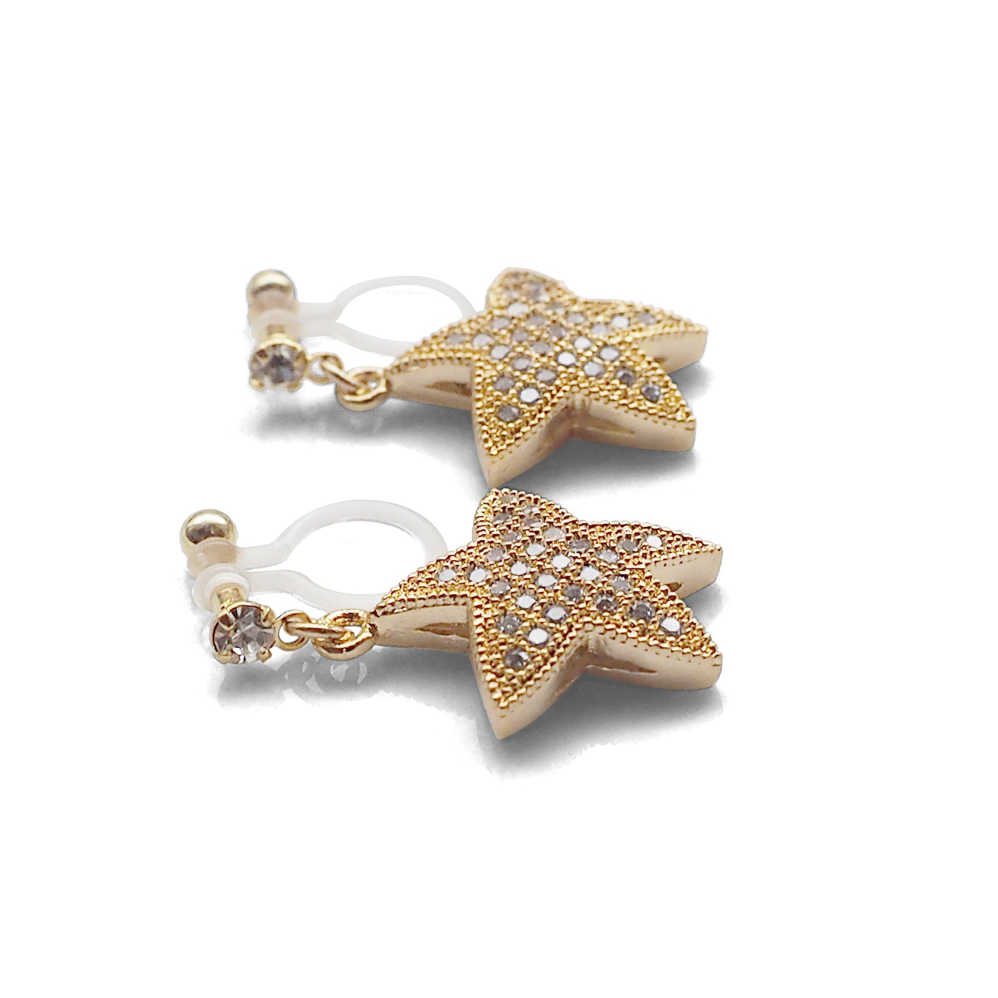 Star micro pave cubic zirconia invisible clip on earrings ( gold tone ) - miyabigracejewelry.com