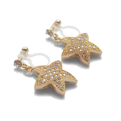 Star micro pave cubic zirconia invisible clip on earrings ( gold tone ) - miyabigracejewelry.com