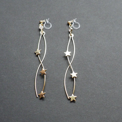 Gold star wave bar dangle invisible clip on earrings - Miyabi Grace