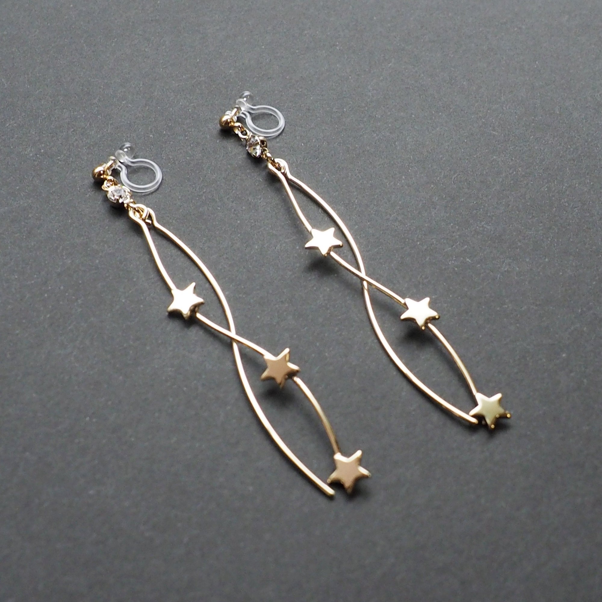 Gold star wave bar dangle invisible clip on earrings - Miyabi Grace