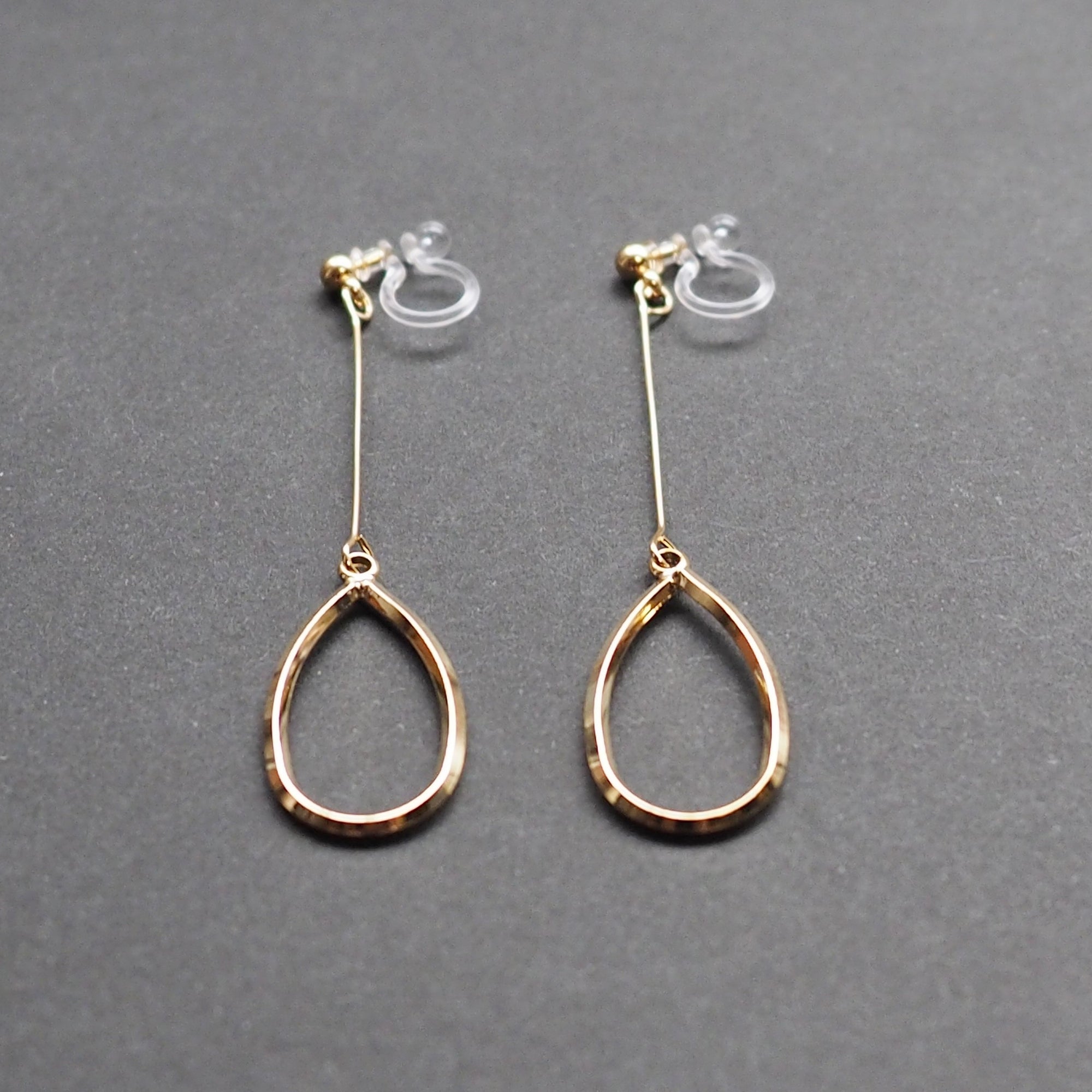 Gold teardrop hoop dangle invisible clip on earrings - Miyabi Grace