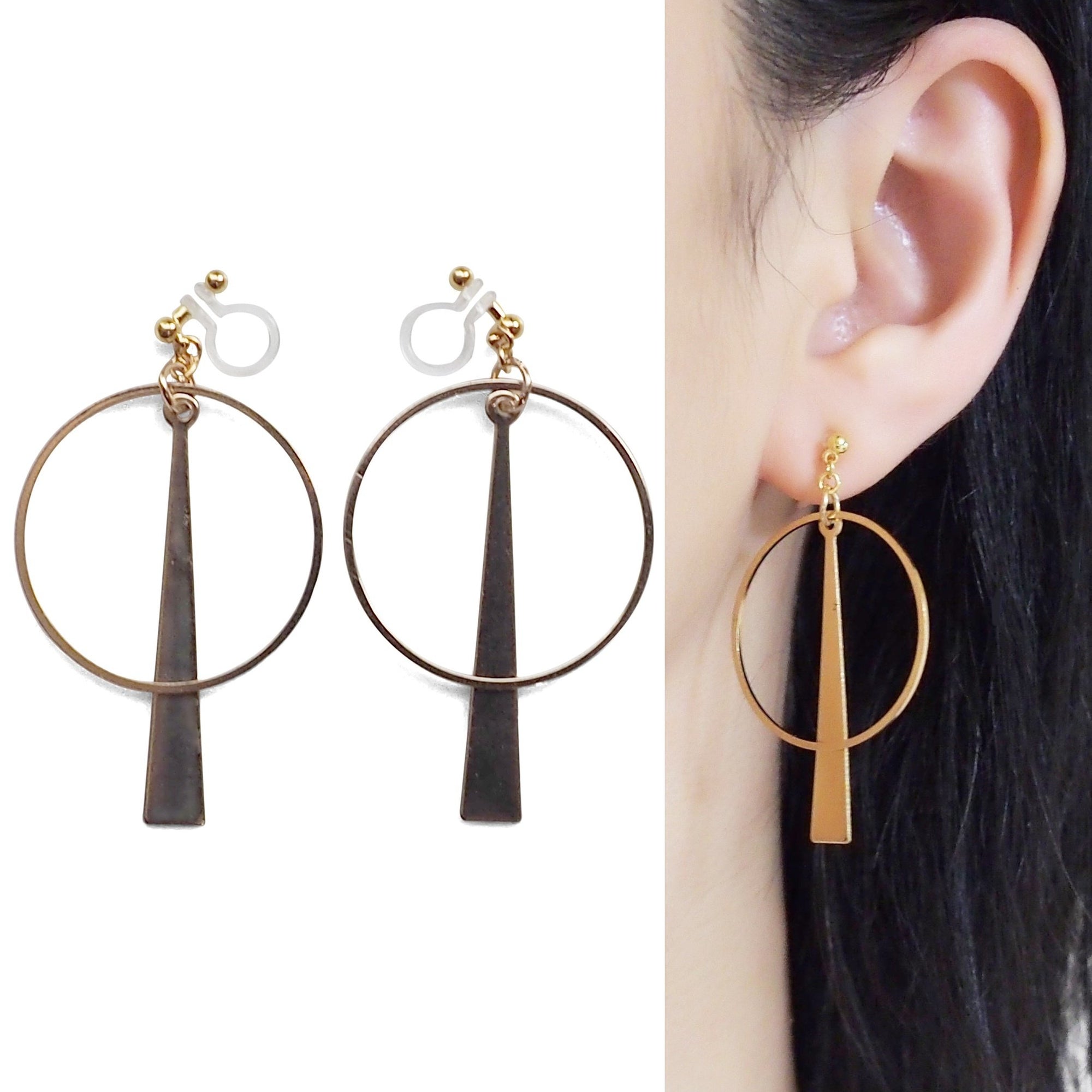 Geometric gold hoop invisible clip on earrings - miyabigracejewelry.com