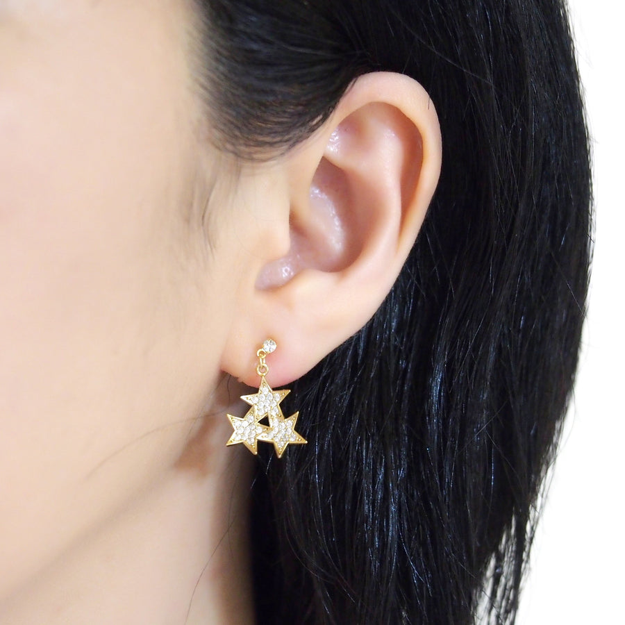 Triple Star micro pave cubic zirconia invisible clip on earrings ( gold tone ) - miyabigracejewelry.com