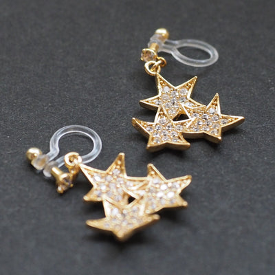 Triple Star micro pave cubic zirconia invisible clip on earrings ( gold tone ) - miyabigracejewelry.com
