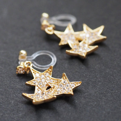 Triple Star micro pave cubic zirconia invisible clip on earrings ( gold tone ) - miyabigracejewelry.com