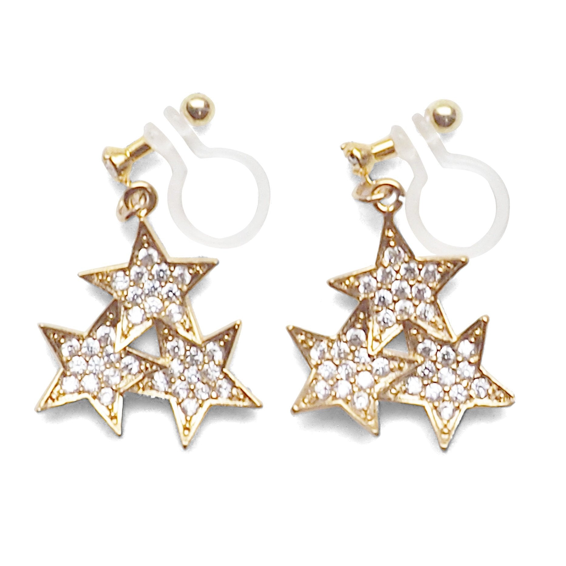 Triple Star micro pave cubic zirconia invisible clip on earrings ( gold tone ) - miyabigracejewelry.com