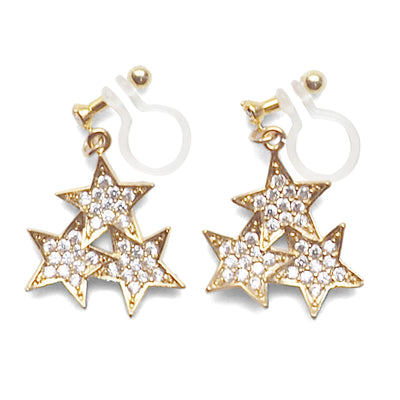 Triple Star micro pave cubic zirconia invisible clip on earrings ( gold tone ) - miyabigracejewelry.com