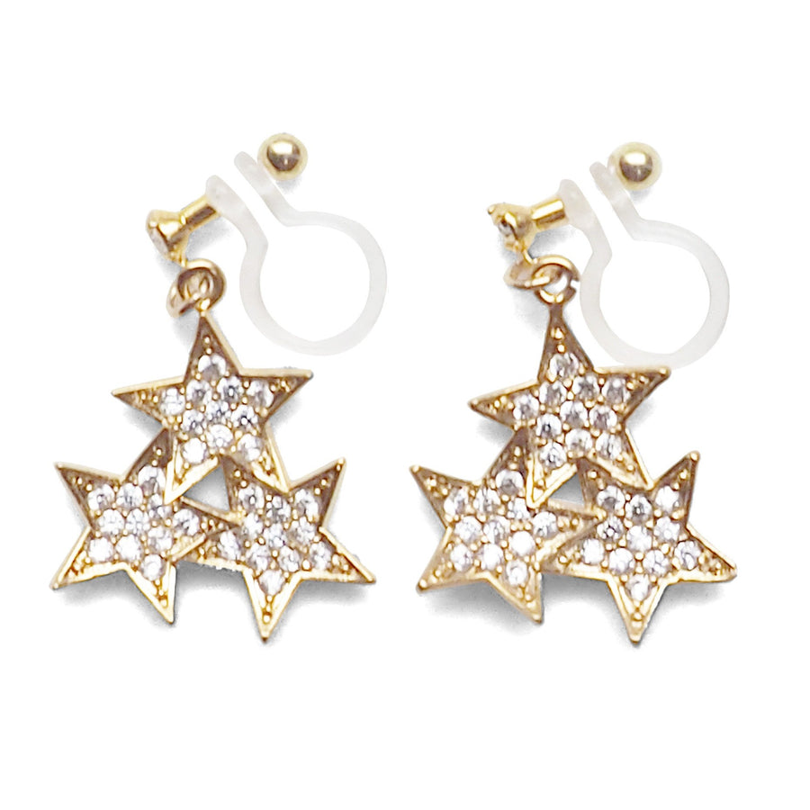 Triple Star micro pave cubic zirconia invisible clip on earrings ( gold tone ) - miyabigracejewelry.com