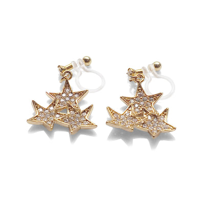 Triple Star micro pave cubic zirconia invisible clip on earrings ( gold tone ) - miyabigracejewelry.com