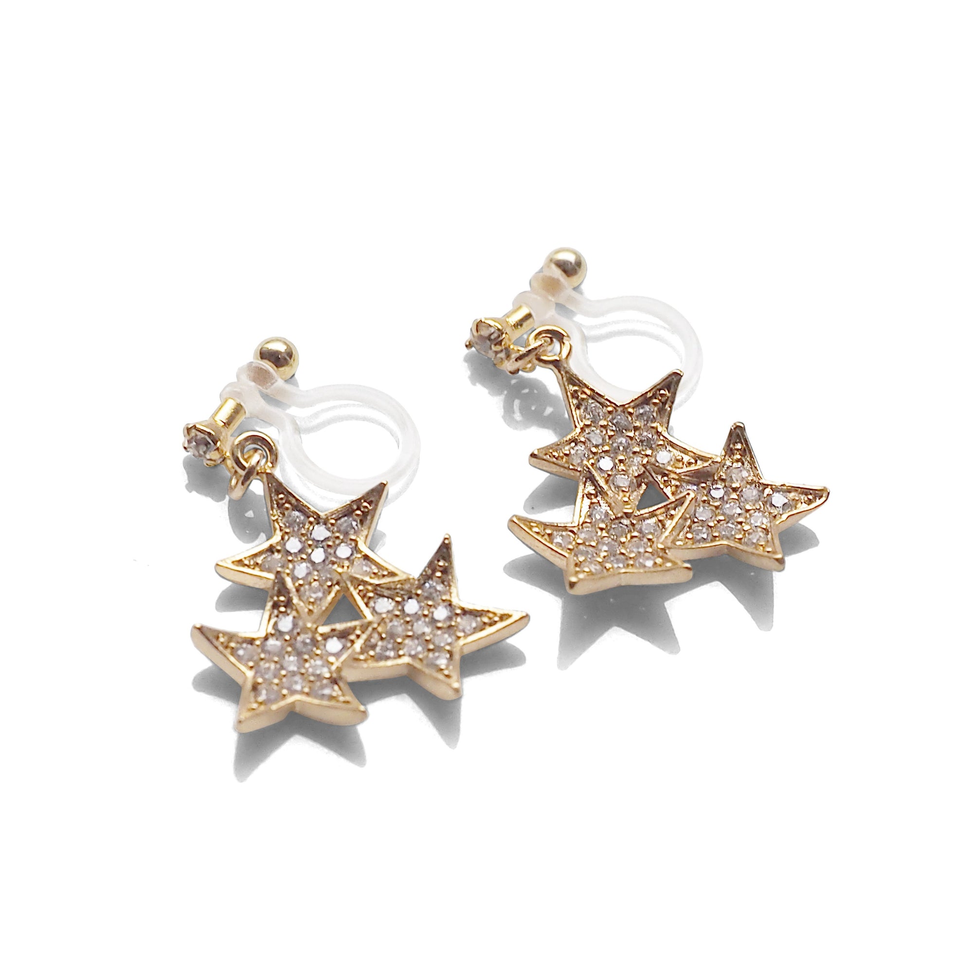 Triple Star micro pave cubic zirconia invisible clip on earrings ( gold tone ) - miyabigracejewelry.com