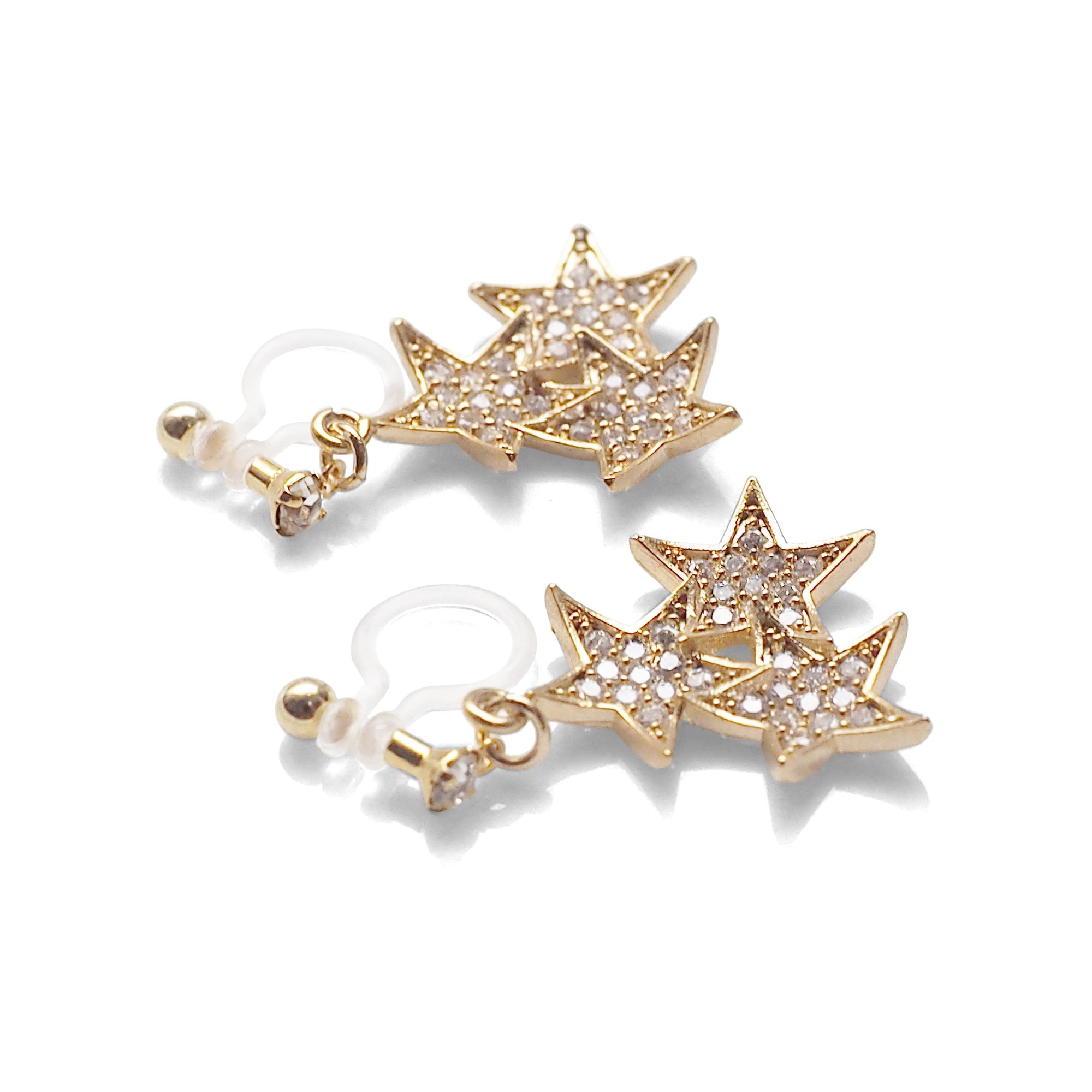 Triple Star micro pave cubic zirconia invisible clip on earrings ( gold tone ) - miyabigracejewelry.com