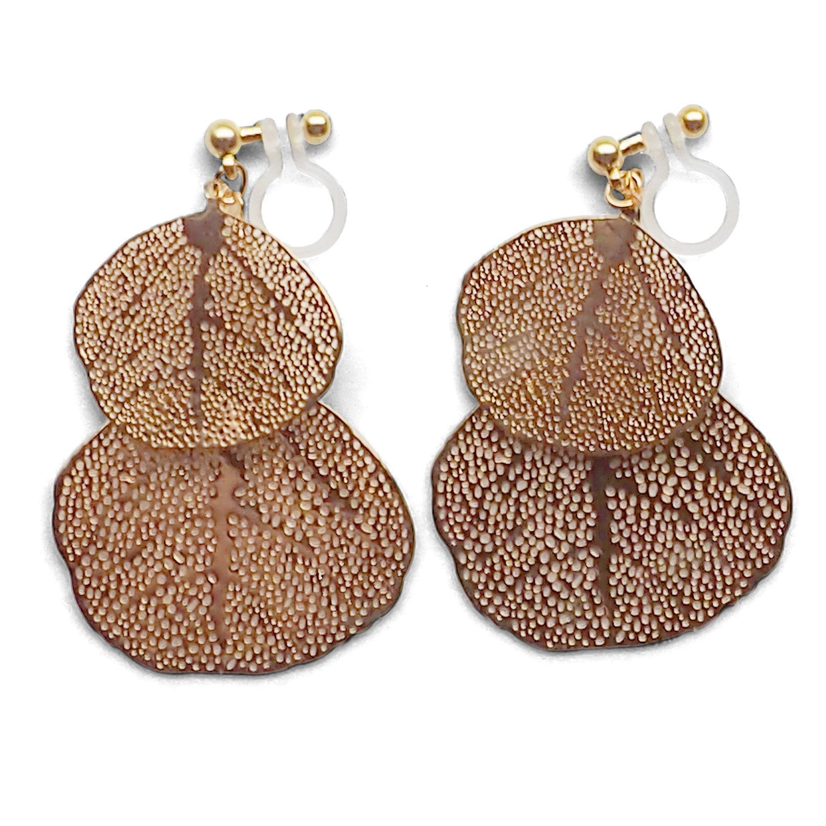 Gold two leaf filigree invisible clip on earrings - miyabigracejewelry.com